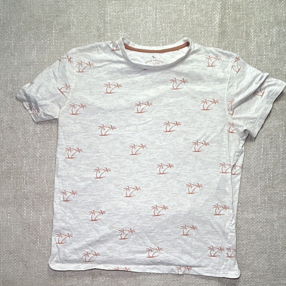 Denim & Flower Ricky Singh Shirt Men's Medium Gray Tan Allover Palm Tree Tee